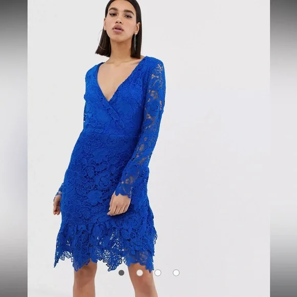 Missguided Dresses | Missguided Lace Midi Knee Length Dress Frill Hem Cobalt Blue Size Xs / Size 0 | Color: Blue | Size: Xs | Pm-55101964's Closet